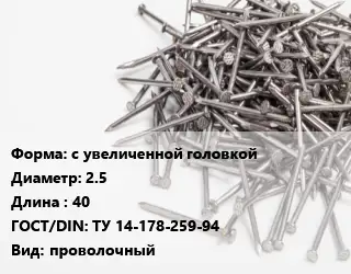 Гвоздь с увеличенной головкой 2.5х40 ГОСТ: ТУ 14-178-259-94 проволочный